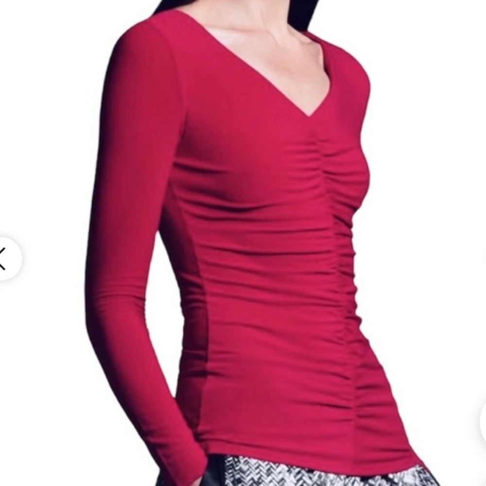 Narciso Rodriguez for DesigNation Long Sleeve Ruched Front V-Neck Knit Top Berry